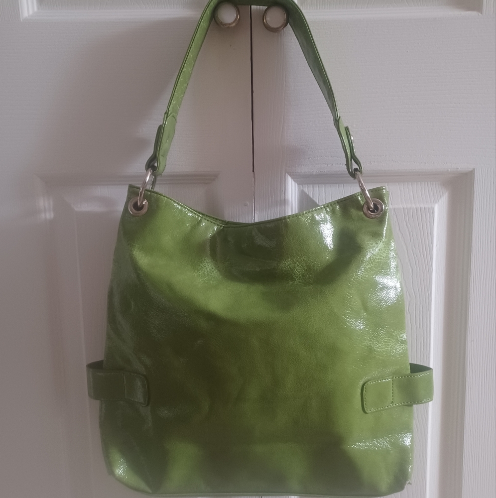 Patent Tote 12 X 14 EUC. VIBRANT GREEN, Silver Hardware - Picture 2 of 4